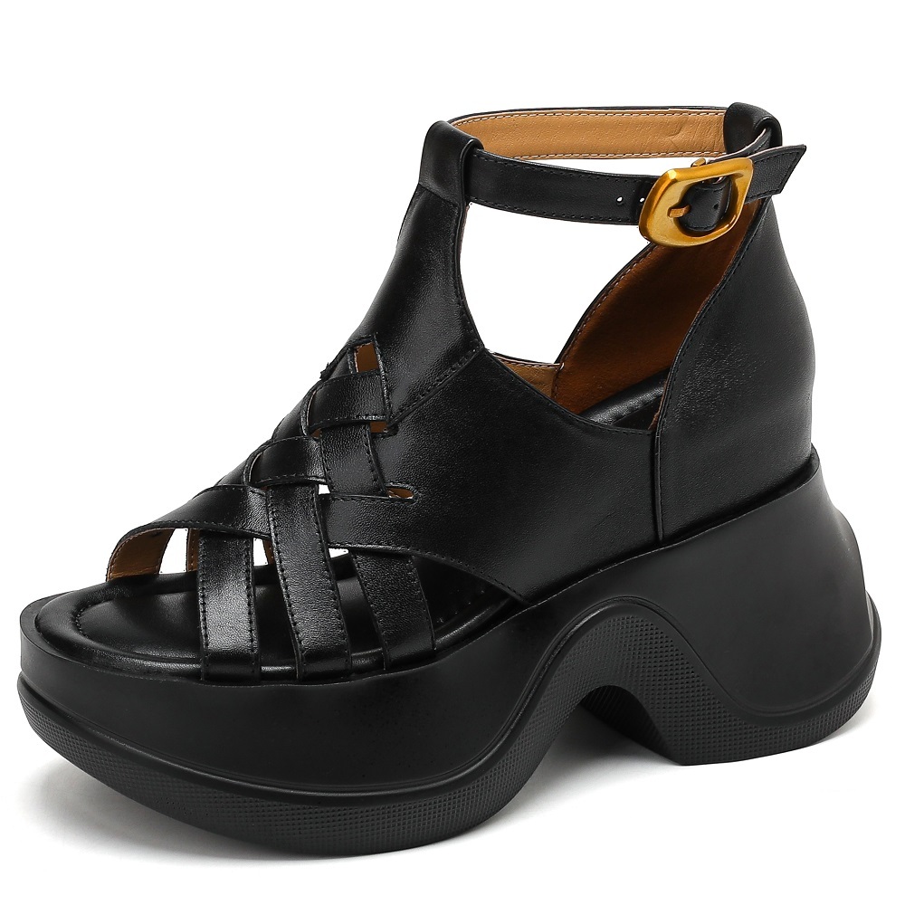 Women's Genuine Leather Spring Summer Woven Cut Out Open Toe Buckle Belt 10 CM Heel Hidden Wedge Versatile Casual Gladiator Sandals 60328