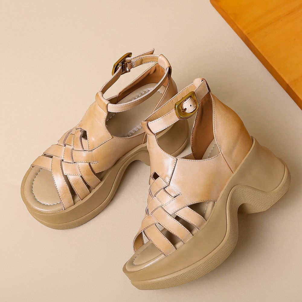 Women's Genuine Leather Spring Summer Woven Cut Out Open Toe Buckle Belt 10 CM Heel Hidden Wedge Versatile Casual Gladiator Sandals 60328
