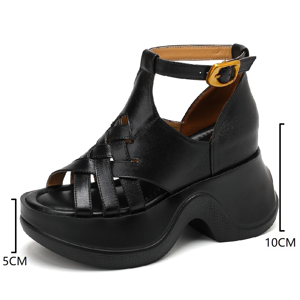 Women's Genuine Leather Spring Summer Woven Cut Out Open Toe Buckle Belt 10 CM Heel Hidden Wedge Versatile Casual Gladiator Sandals 60328