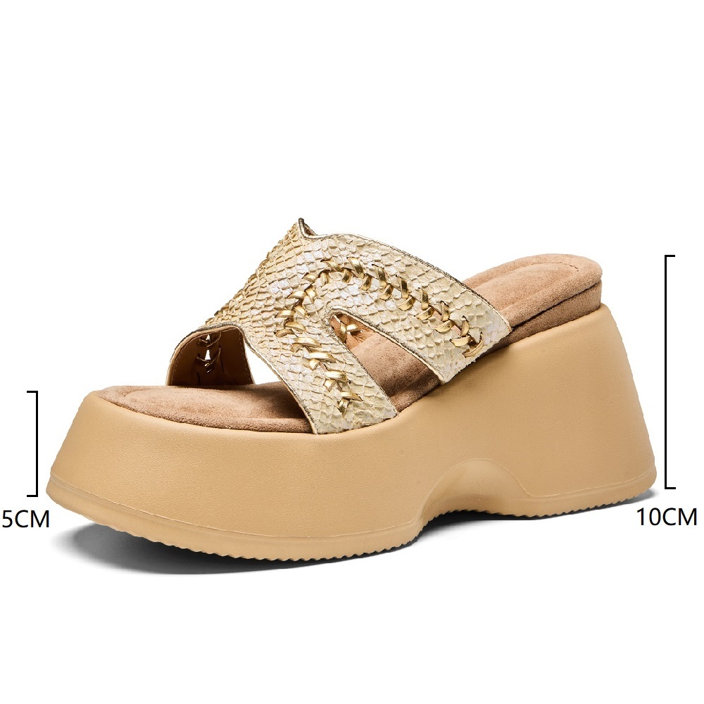 Women's Summer Fashion Open Toe Slide Sandals Genuine Fish Leather Cut Out 10 CM Wedge Heel Braided Stitching Sweet Cool Y2K Style Versatile Slippers 60328