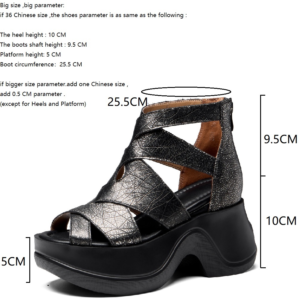 Women's Embossed Gladiator Summer Genuine Leather Sandals Crisscross Cutout Straps 10 CM Wedge Heel Zipper Open Toe Slimming Versatile Shoes 60328