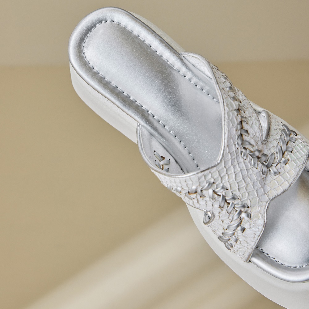 Women's Summer Fashion Open Toe Slide Sandals Genuine Fish Leather Cut Out 10 CM Wedge Heel Braided Stitching Sweet Cool Y2K Style Versatile Slippers 60328