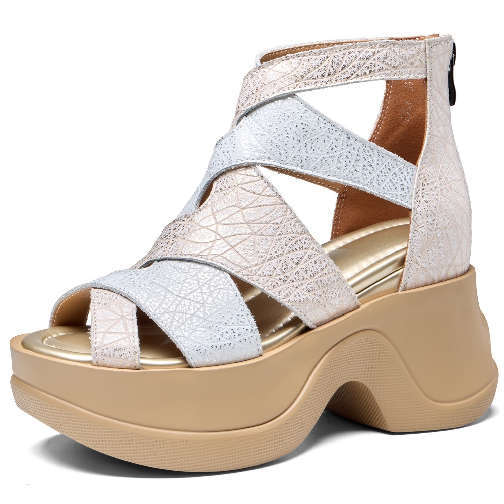 Women's Embossed Gladiator Summer Genuine Leather Sandals Crisscross Cutout Straps 10 CM Wedge Heel Zipper Open Toe Slimming Versatile Shoes 60328