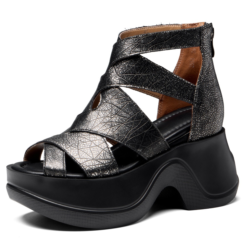 Women's Embossed Gladiator Summer Genuine Leather Sandals Crisscross Cutout Straps 10 CM Wedge Heel Zipper Open Toe Slimming Versatile Shoes 60328
