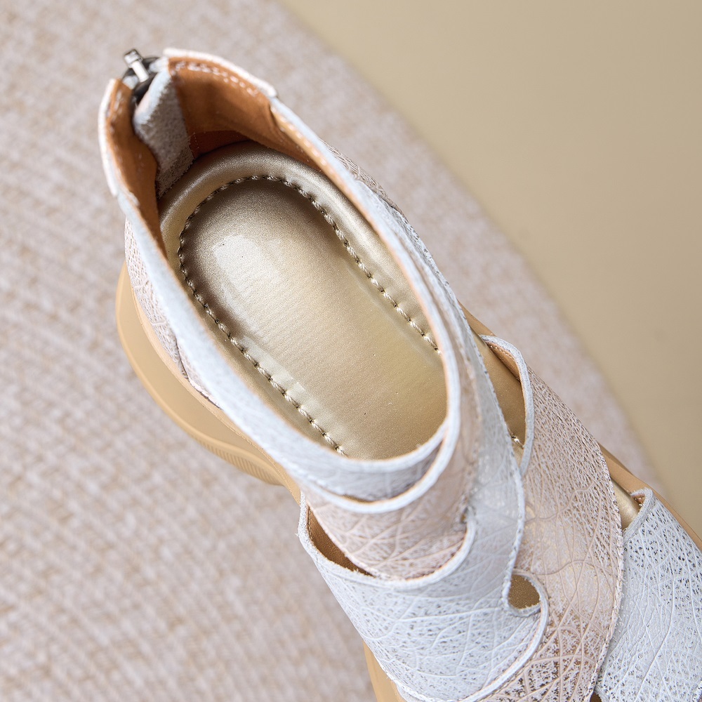 Women's Embossed Gladiator Summer Genuine Leather Sandals Crisscross Cutout Straps 10 CM Wedge Heel Zipper Open Toe Slimming Versatile Shoes 60328