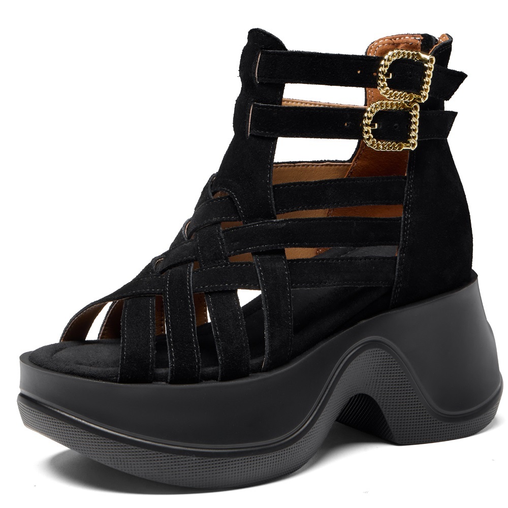 Women's New Summer Gladiator Sandals Braided Straps Cut Out 10 CM Wedge Heel Suede Leather Belt Buckle Platform Zipper Casual Sandals 60328