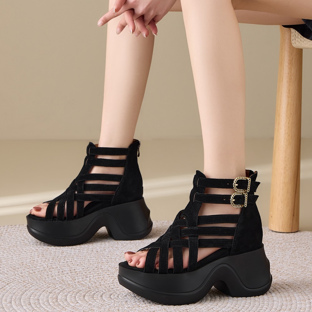 Women's New Summer Gladiator Sandals Braided Straps Cut Out 10 CM Wedge Heel Suede Leather Belt Buckle Platform Zipper Casual Sandals 60328