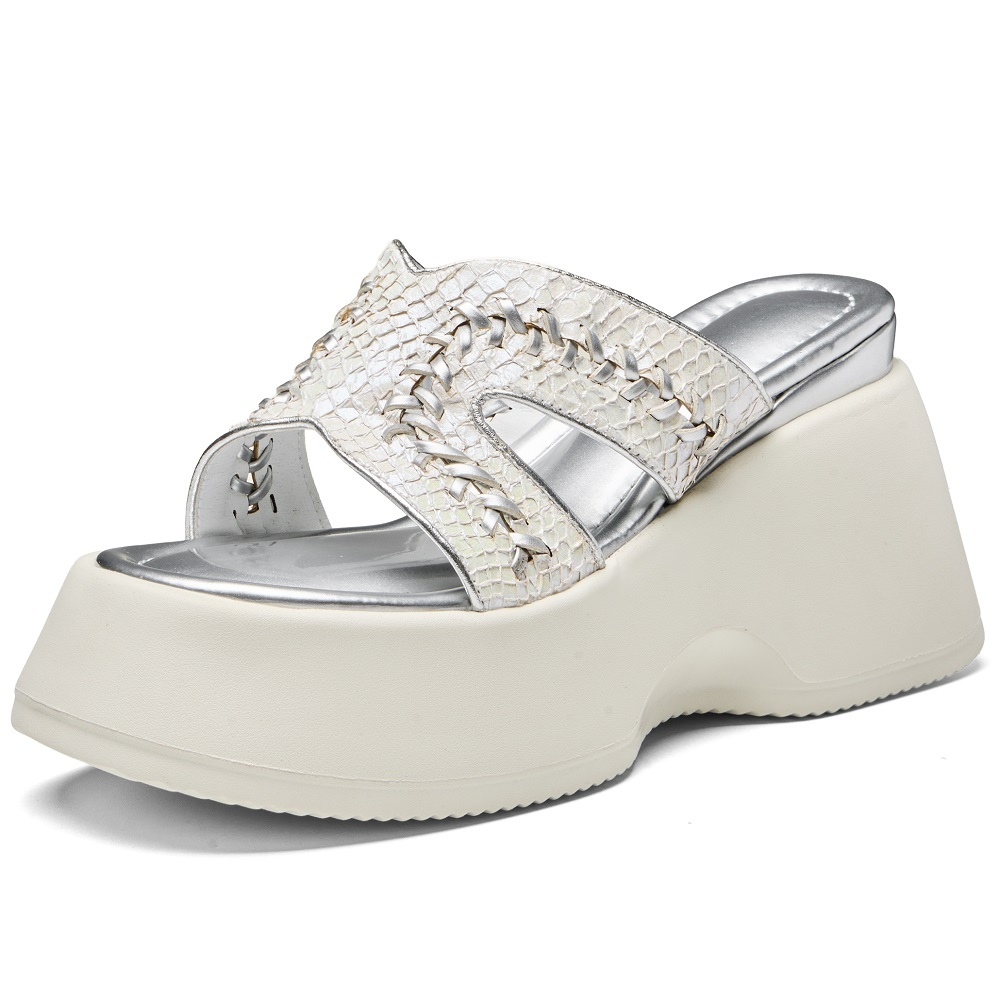 Women's Summer Fashion Open Toe Slide Sandals Genuine Fish Leather Cut Out 10 CM Wedge Heel Braided Stitching Sweet Cool Y2K Style Versatile Slippers 60328