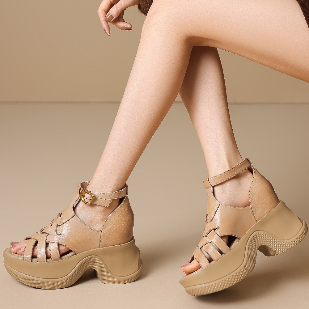 Women's Genuine Leather Spring Summer Woven Cut Out Open Toe Buckle Belt 10 CM Heel Hidden Wedge Versatile Casual Gladiator Sandals 60328