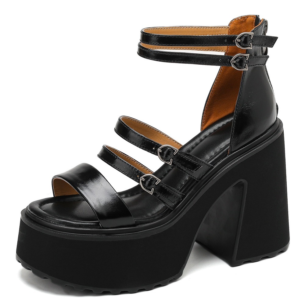 Women's European American Style Genuine Leather Thin Strap Sandals Buckle Back Zipper Cut Out 12 CM Square Heel Platform Gladiator Sandals 60330