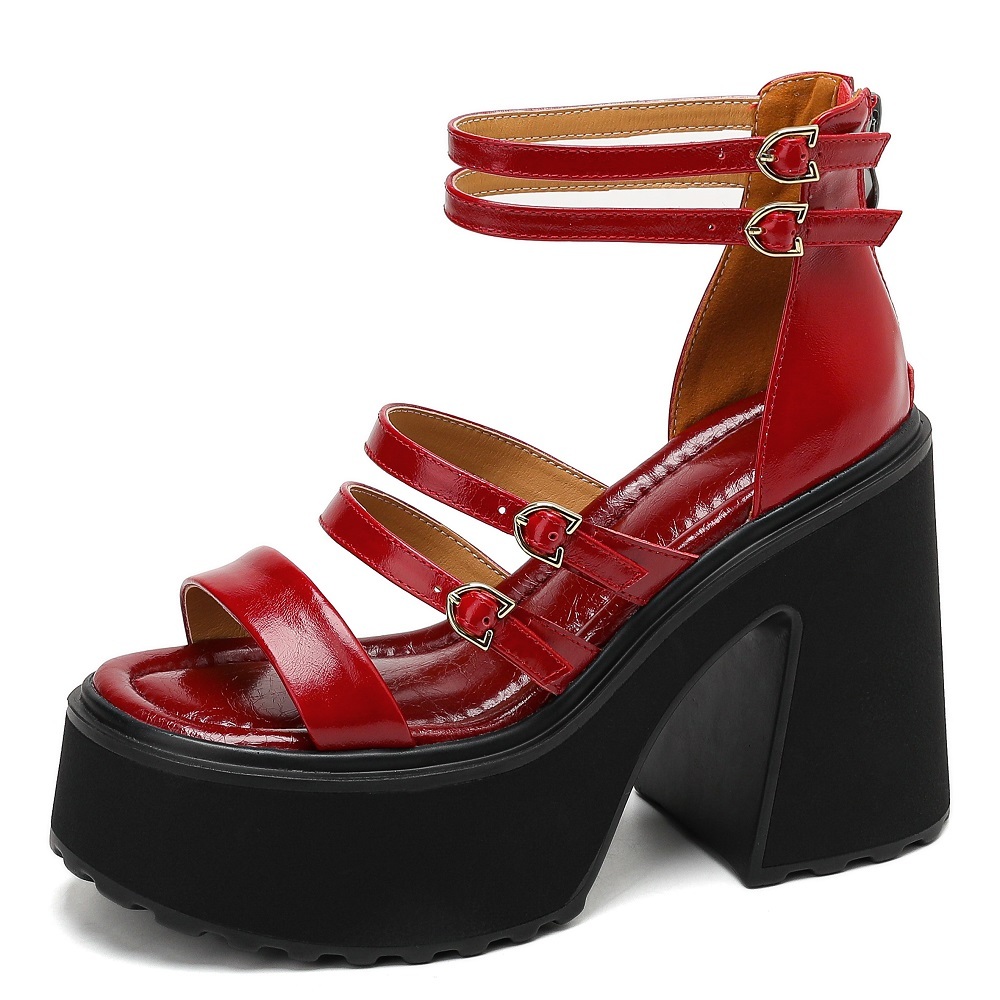 Women's European American Style Genuine Leather Thin Strap Sandals Buckle Back Zipper Cut Out 12 CM Square Heel Platform Gladiator Sandals 60330