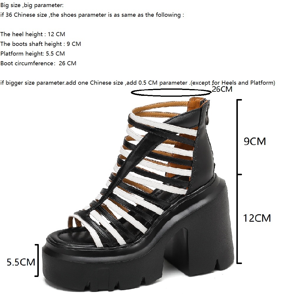 Women's Narrow Band Cutout Gladiator Sandals Color Block Open Toe 12 CM Block Heel Platform Zipper Fashion Slimming Versatile Sandals 60330