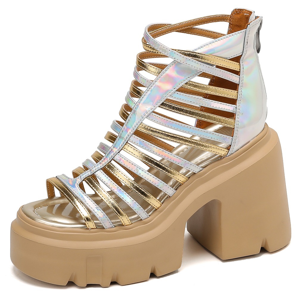 Women's Narrow Band Cutout Gladiator Sandals Color Block Open Toe 12 CM Block Heel Platform Zipper Fashion Slimming Versatile Sandals 60330