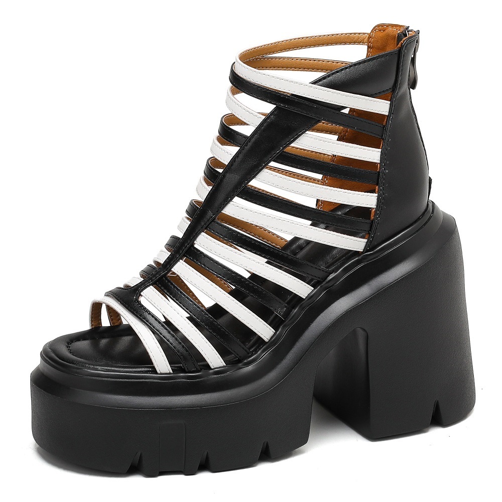 Women's Narrow Band Cutout Gladiator Sandals Color Block Open Toe 12 CM Block Heel Platform Zipper Fashion Slimming Versatile Sandals 60330