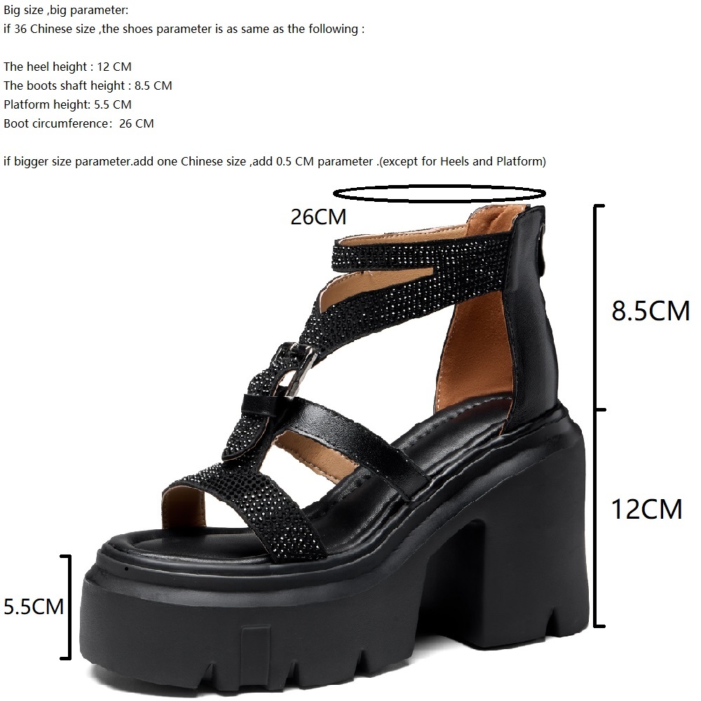 Women's Genuine Leather Gladiator Sandals Fashion Belt Buckle Crystals 12 CM Square Heel Platform Cut Out Zipper Back Versatile Shoes 60330