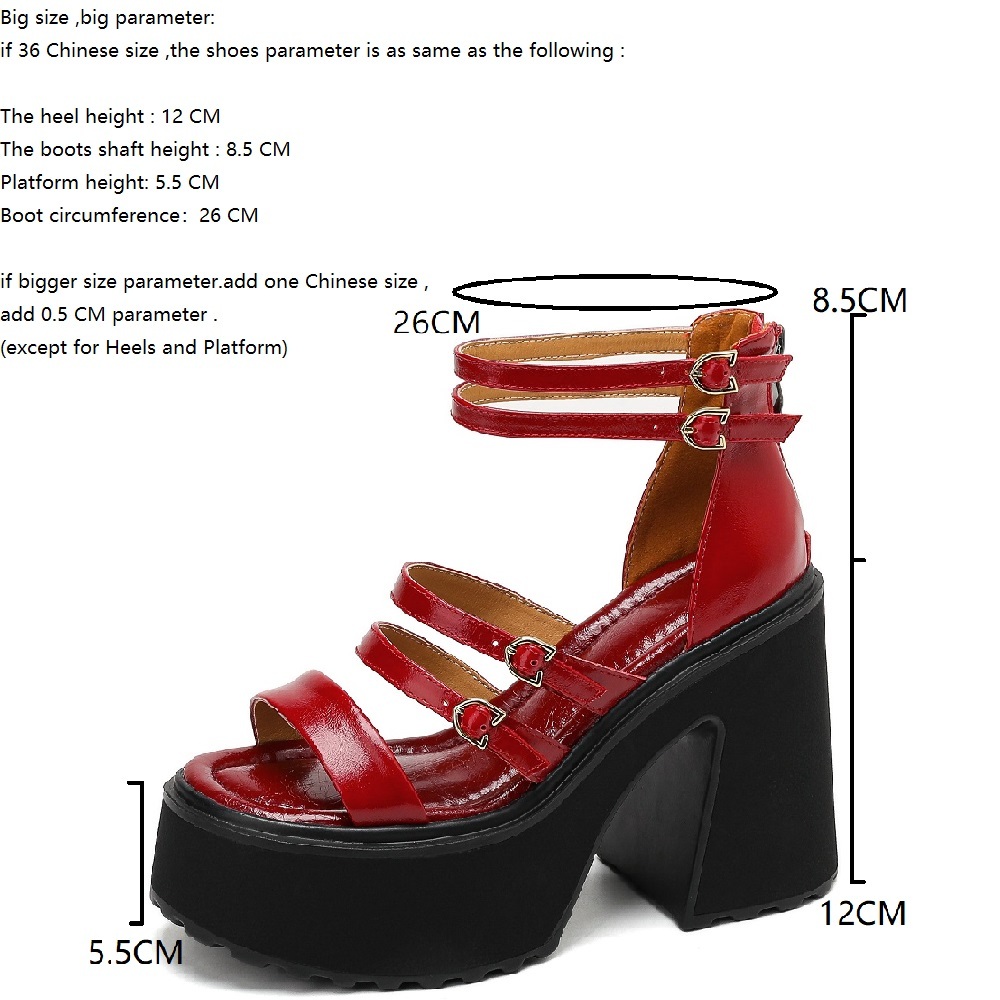 Women's European American Style Genuine Leather Thin Strap Sandals Buckle Back Zipper Cut Out 12 CM Square Heel Platform Gladiator Sandals 60330