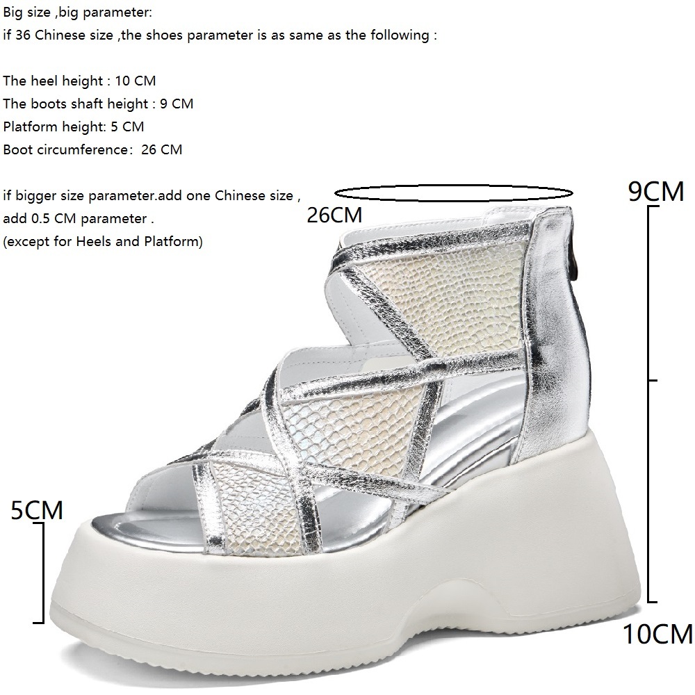Women's Genuine Leather Fashion Cut-Out 10 CM Wedge Heel Platform Casual Zipper Versatile Open Toe Summer Gladiator Sandals 60330