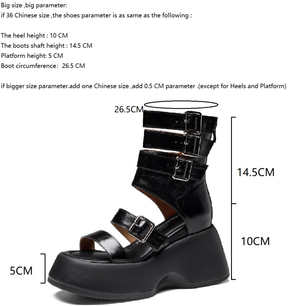 Women's Spring Summer Genuine Leather Gladiator Sandals Cut Out Metal Buckle Straps 10 CM Wedge Heel Punk Biker Style High Top Sandal Boots 60330