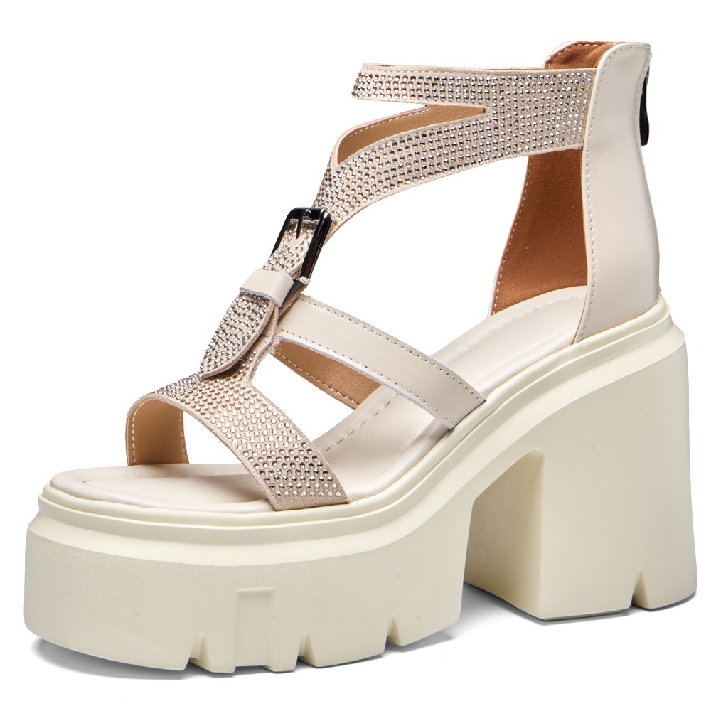 Women's Genuine Leather Gladiator Sandals Fashion Belt Buckle Crystals 12 CM Square Heel Platform Cut Out Zipper Back Versatile Shoes 60330