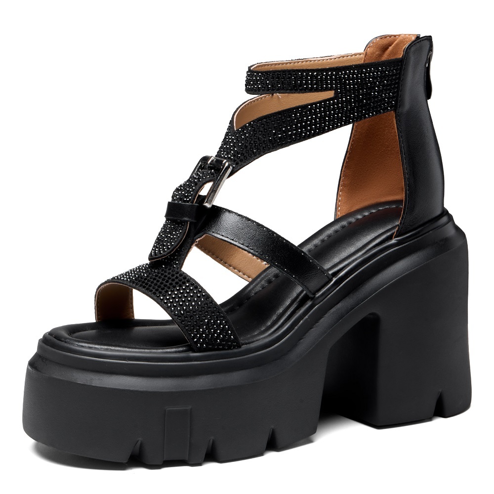 Women's Genuine Leather Gladiator Sandals Fashion Belt Buckle Crystals 12 CM Square Heel Platform Cut Out Zipper Back Versatile Shoes 60330
