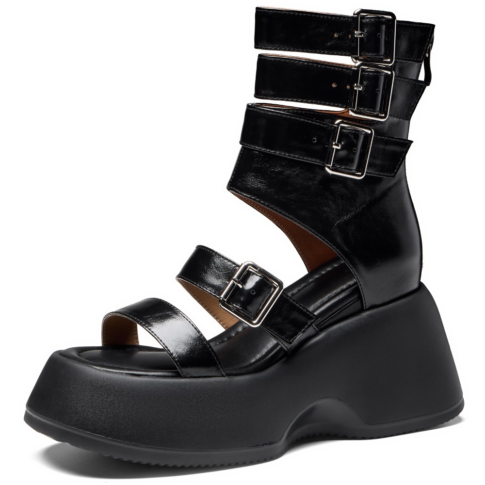 Women's Spring Summer Genuine Leather Gladiator Sandals Cut Out Metal Buckle Straps 10 CM Wedge Heel Punk Biker Style High Top Sandal Boots 60330
