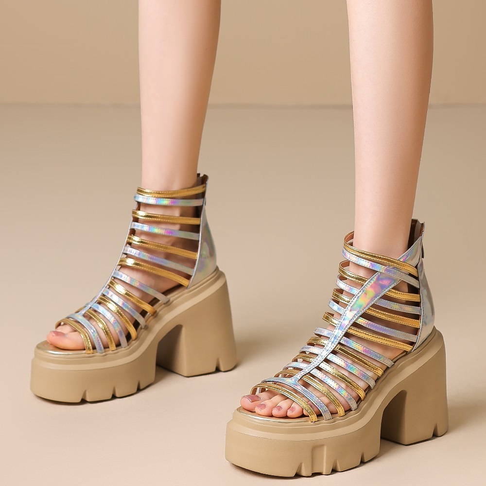 Women's Narrow Band Cutout Gladiator Sandals Color Block Open Toe 12 CM Block Heel Platform Zipper Fashion Slimming Versatile Sandals 60330