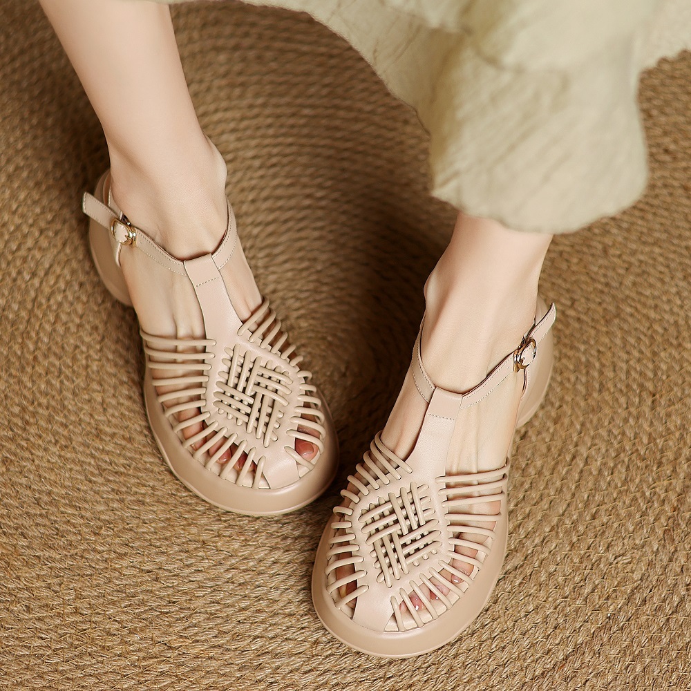 Women's Summer Versatile Casual Retro Thin Strap Woven Cut Out T-Strap Metal Buckle 6.5 CM Block Heel Genuine Leather Sandals 60331