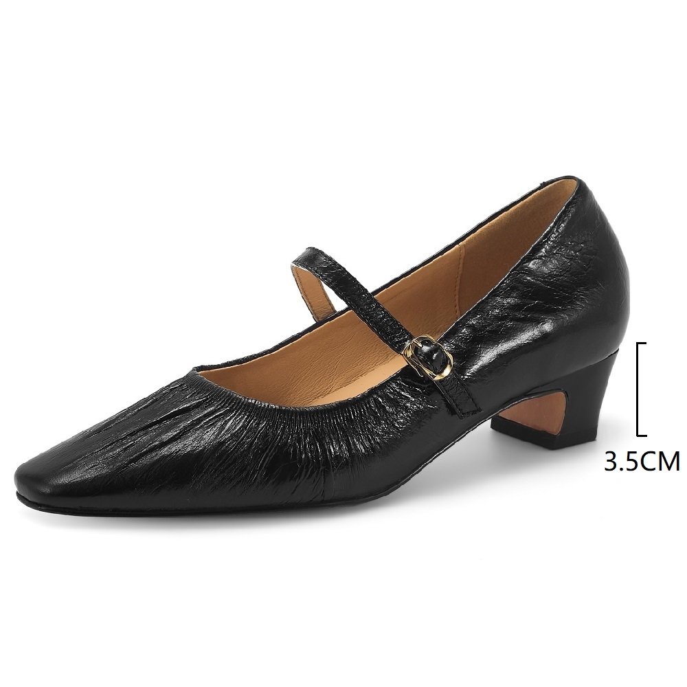 Women's Genuine Leather Square Toe Single Shoes Spring Summer New Style Pleated Single Strap 3.5 CM Block Heel Soft Sole Versatile Low Cut Shoes 60331