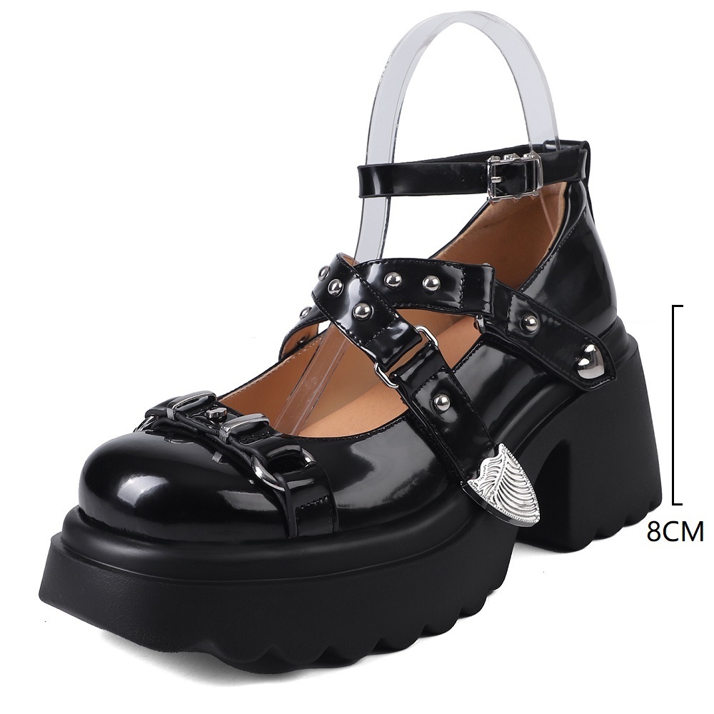 Women's Sweet Cool Mary Jane High Heels Genuine Leather Cut Out Cross Belt Rivets Shallow Mouth 8 CM Block Heel Fashion Spring Summer Pumps 60331