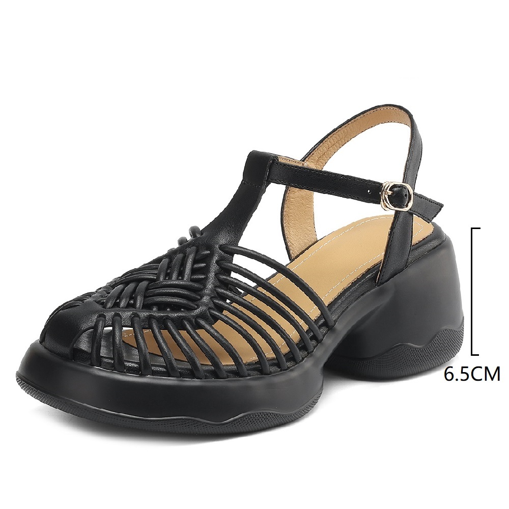 Women's Summer Versatile Casual Retro Thin Strap Woven Cut Out T-Strap Metal Buckle 6.5 CM Block Heel Genuine Leather Sandals 60331