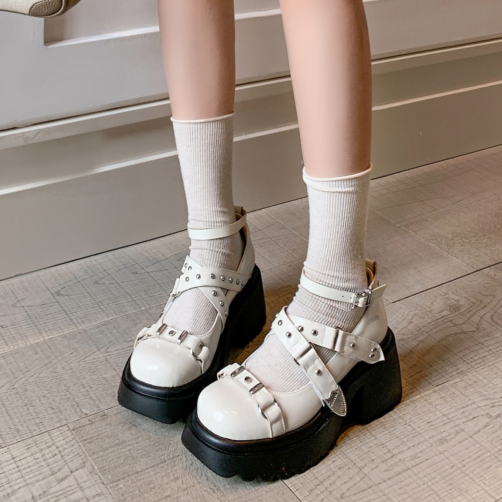 Women's Sweet Cool Mary Jane High Heels Genuine Leather Cut Out Cross Belt Rivets Shallow Mouth 8 CM Block Heel Fashion Spring Summer Pumps 60331