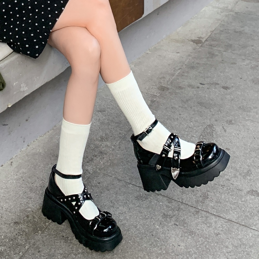 Women's Sweet Cool Mary Jane High Heels Genuine Leather Cut Out Cross Belt Rivets Shallow Mouth 8 CM Block Heel Fashion Spring Summer Pumps 60331