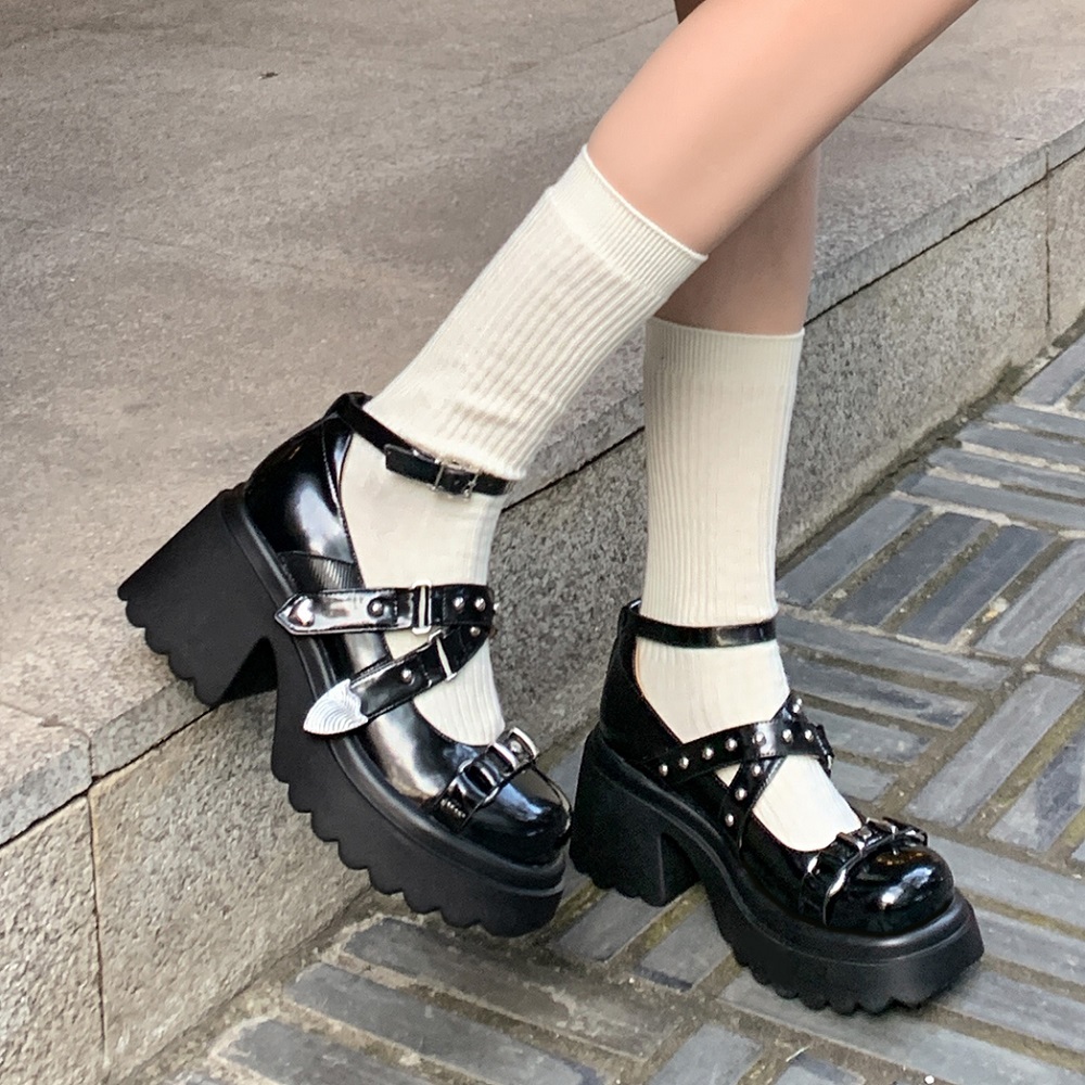 Women's Sweet Cool Mary Jane High Heels Genuine Leather Cut Out Cross Belt Rivets Shallow Mouth 8 CM Block Heel Fashion Spring Summer Pumps 60331