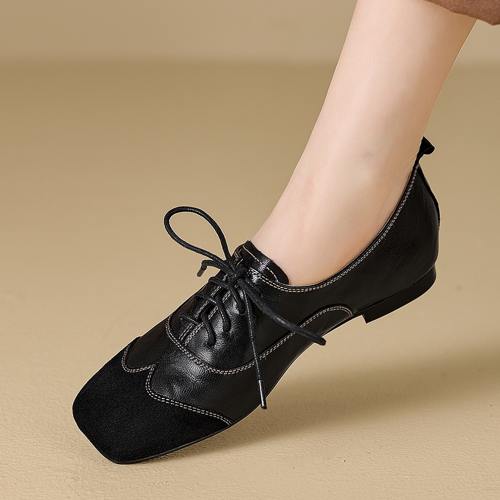 Women's Autumn Spring Genuine Leather Lace-up Casual Shoes Spliced Stitching Design Retro British Style Comfortable Versatile Flats 60331