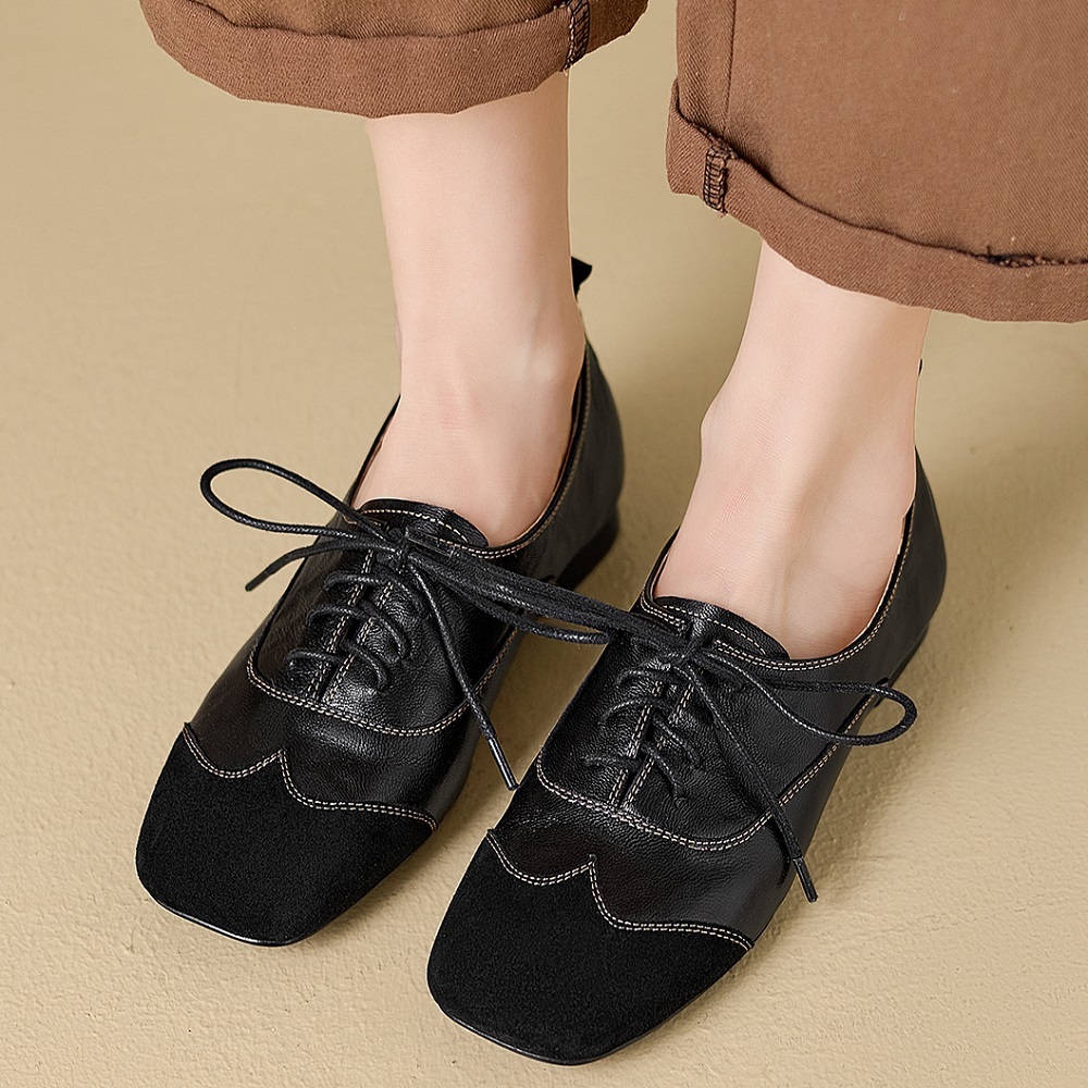 Women's Autumn Spring Genuine Leather Lace-up Casual Shoes Spliced Stitching Design Retro British Style Comfortable Versatile Flats 60331