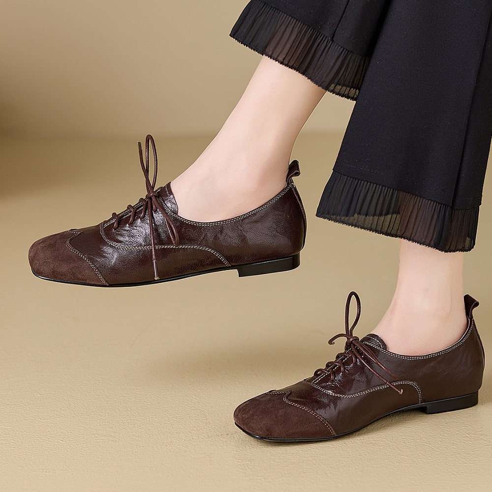 Women's Autumn Spring Genuine Leather Lace-up Casual Shoes Spliced Stitching Design Retro British Style Comfortable Versatile Flats 60331