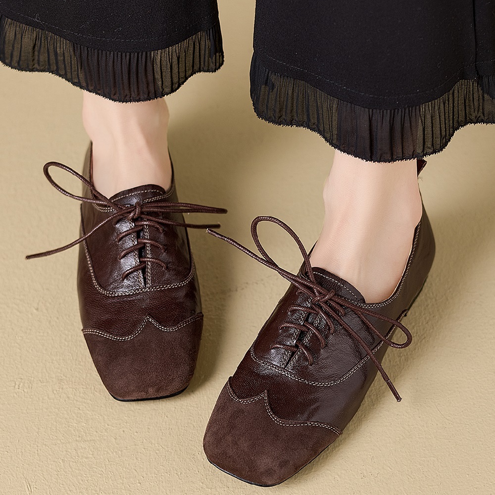 Women's Autumn Spring Genuine Leather Lace-up Casual Shoes Spliced Stitching Design Retro British Style Comfortable Versatile Flats 60331