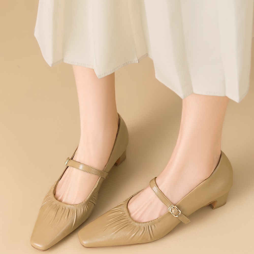 Women's Genuine Leather Square Toe Single Shoes Spring Summer New Style Pleated Single Strap 3.5 CM Block Heel Soft Sole Versatile Low Cut Shoes 60331