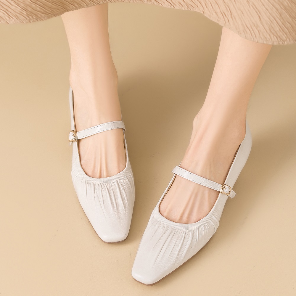 Women's Genuine Leather Square Toe Single Shoes Spring Summer New Style Pleated Single Strap 3.5 CM Block Heel Soft Sole Versatile Low Cut Shoes 60331