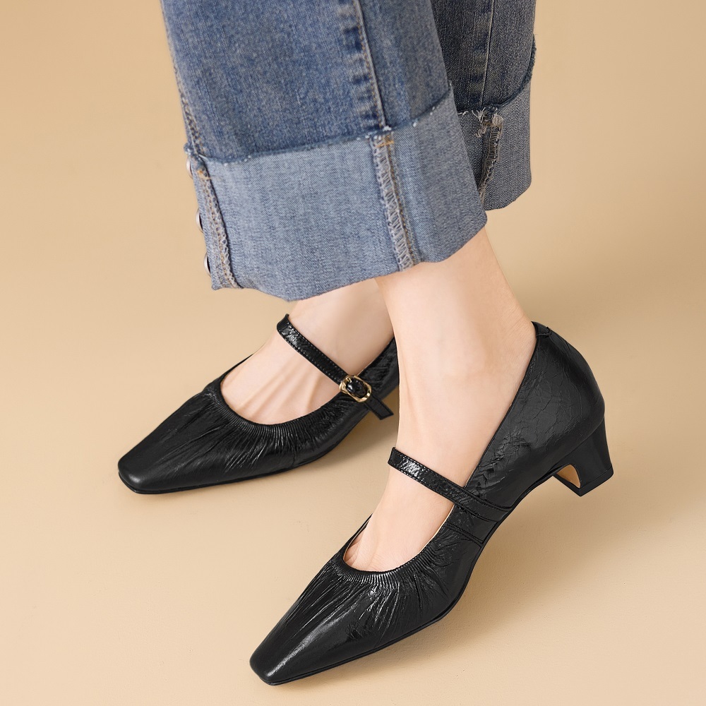 Women's Genuine Leather Square Toe Single Shoes Spring Summer New Style Pleated Single Strap 3.5 CM Block Heel Soft Sole Versatile Low Cut Shoes 60331