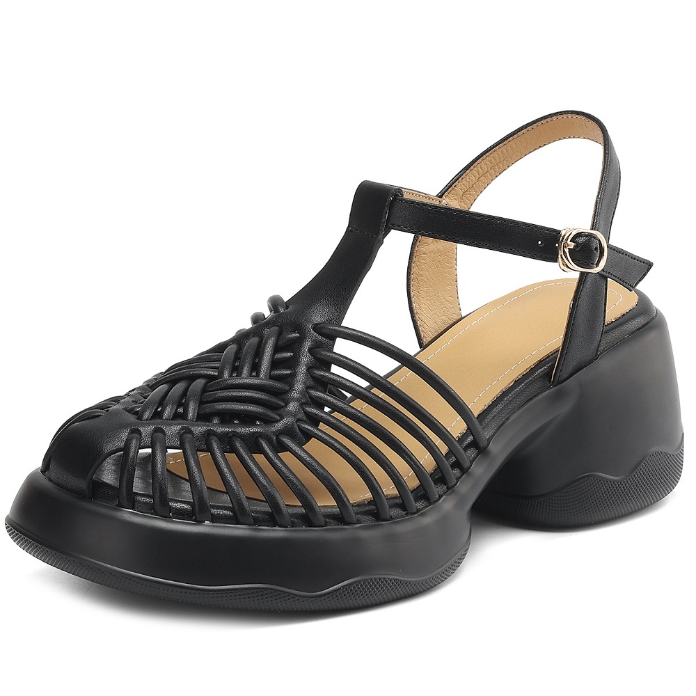 Women's Summer Versatile Casual Retro Thin Strap Woven Cut Out T-Strap Metal Buckle 6.5 CM Block Heel Genuine Leather Sandals 60331