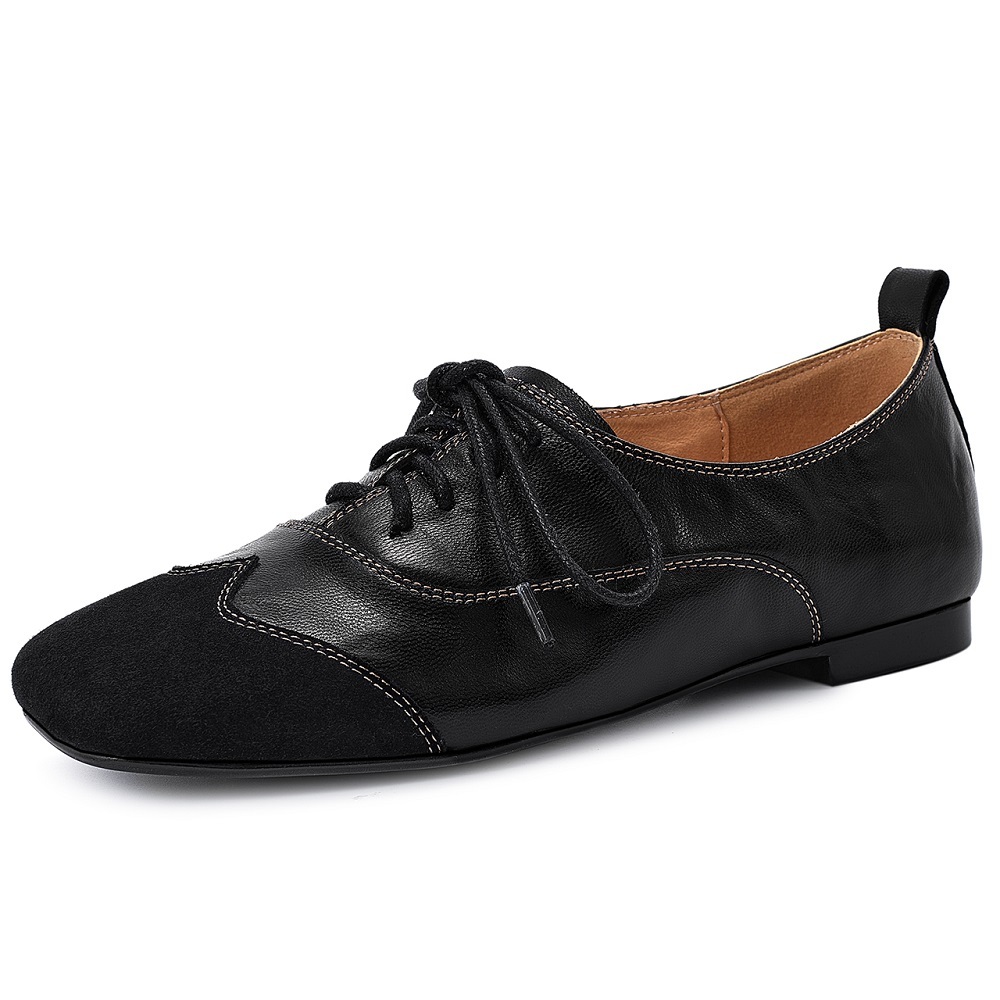 Women's Autumn Spring Genuine Leather Lace-up Casual Shoes Spliced Stitching Design Retro British Style Comfortable Versatile Flats 60331