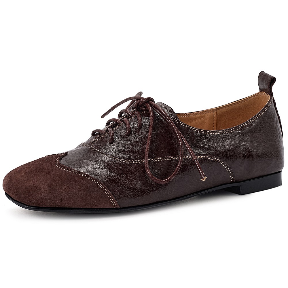 Women's Autumn Spring Genuine Leather Lace-up Casual Shoes Spliced Stitching Design Retro British Style Comfortable Versatile Flats 60331