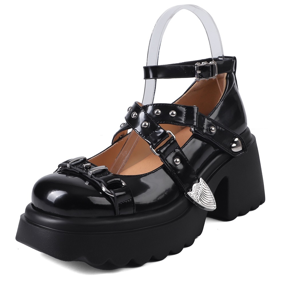 Women's Sweet Cool Mary Jane High Heels Genuine Leather Cut Out Cross Belt Rivets Shallow Mouth 8 CM Block Heel Fashion Spring Summer Pumps 60331