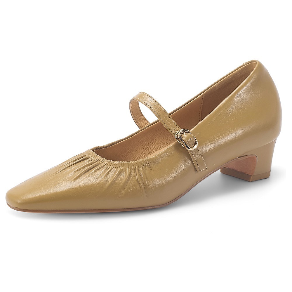 Women's Genuine Leather Square Toe Single Shoes Spring Summer New Style Pleated Single Strap 3.5 CM Block Heel Soft Sole Versatile Low Cut Shoes 60331