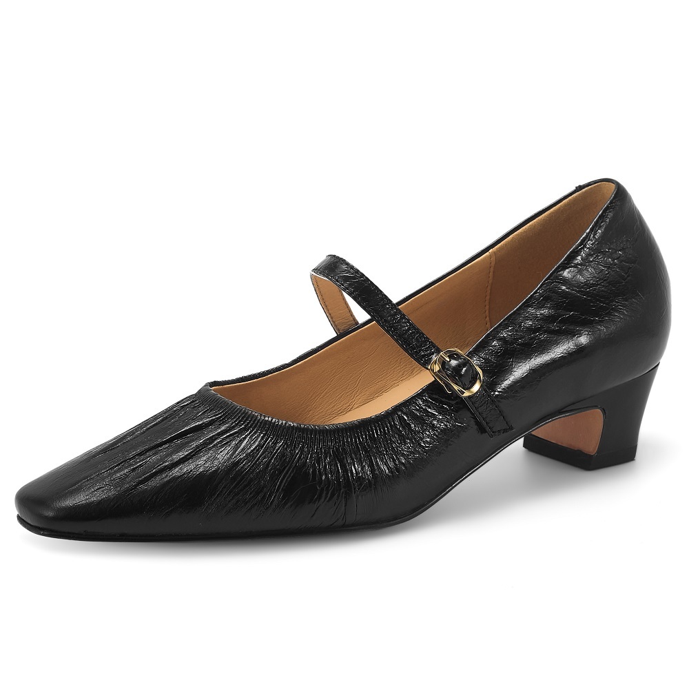 Women's Genuine Leather Square Toe Single Shoes Spring Summer New Style Pleated Single Strap 3.5 CM Block Heel Soft Sole Versatile Low Cut Shoes 60331