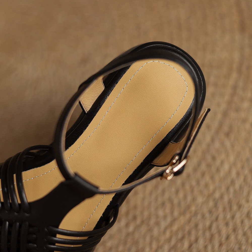 Women's Summer Versatile Casual Retro Thin Strap Woven Cut Out T-Strap Metal Buckle 6.5 CM Block Heel Genuine Leather Sandals 60331