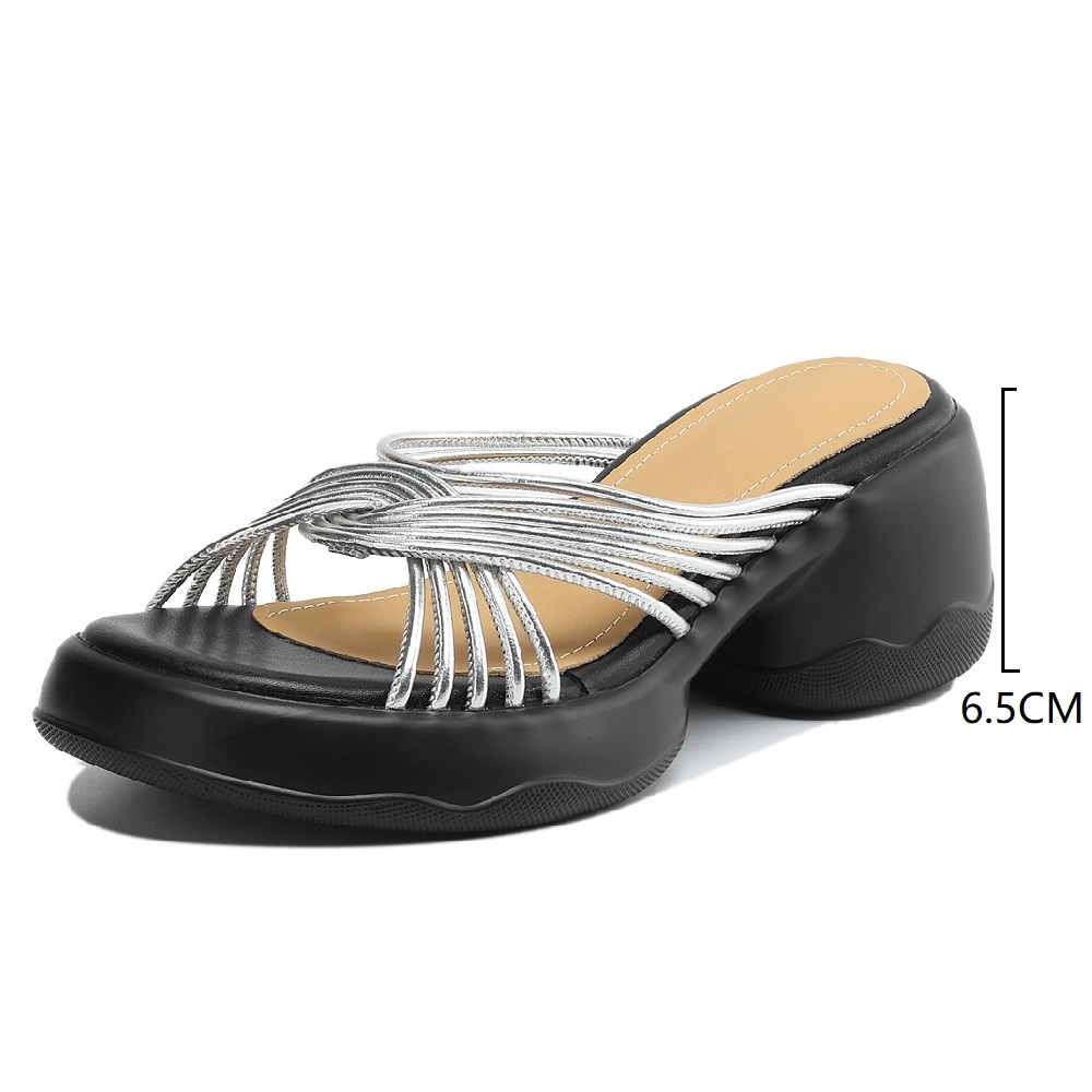Women's Summer Genuine Leather Thin Strap Woven Cross Fashion Beach Slippers 6.5 CM Thick Sole Round Toe Versatile Gladiator Sandals 60401