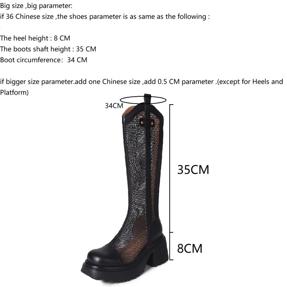 Women's Spring Summer Mesh Hollow Out Genuine Leather Knight Boots 8 CM Block Heel Platform Slim Fit V-Cut Zipper Fashion Knee-High Long Boots 60401