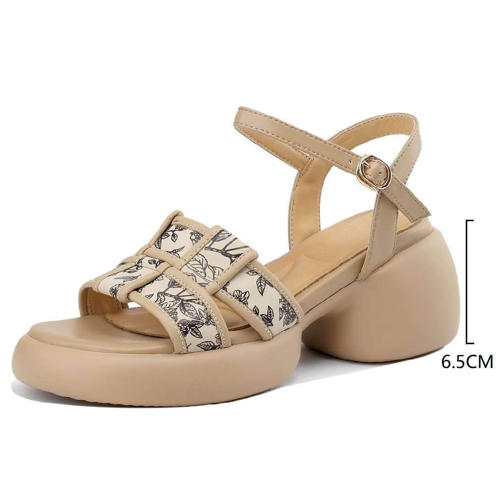 Women's Summer Open-Toe Chinese Style Sandals Leaf Print Woven 6.5 CM Thick Block Heel Buckle Comfortable Platform Shoes 60401